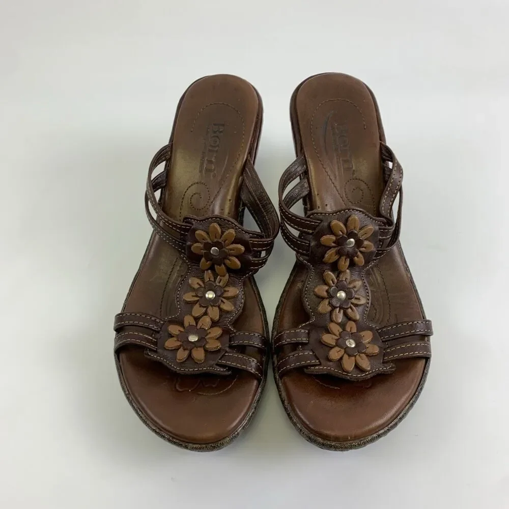 Born Brown Leather Floral Cut Out Slide Wedge Sandal Studded Heel Womens 7